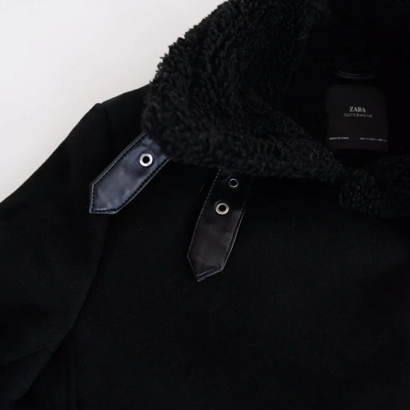 Zara Black Faux Shearling Bomber  Moto Jacket Small - Picture 12 of 16
